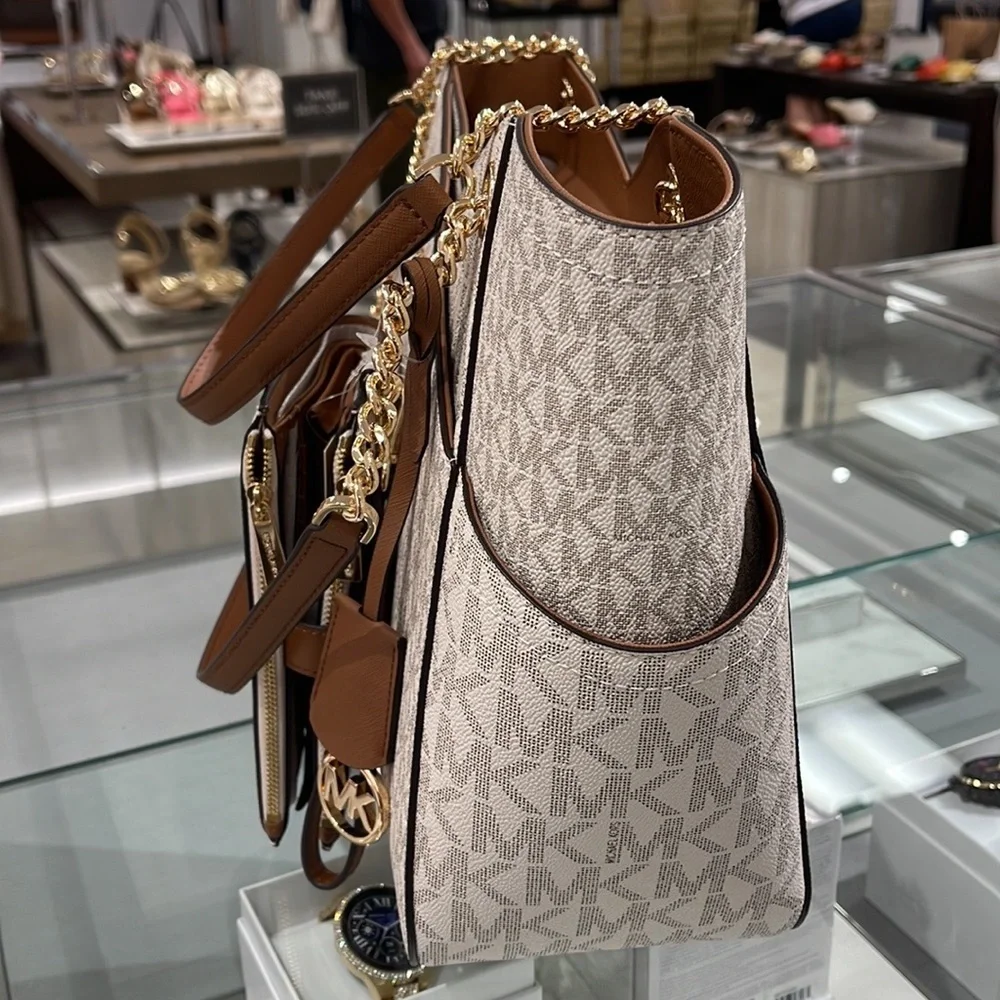 MICHAEL KORS LARGE X CHAIN SHOULDER TOTE  &  LARGE DOUBLE ZIP WALLET WRISTLET